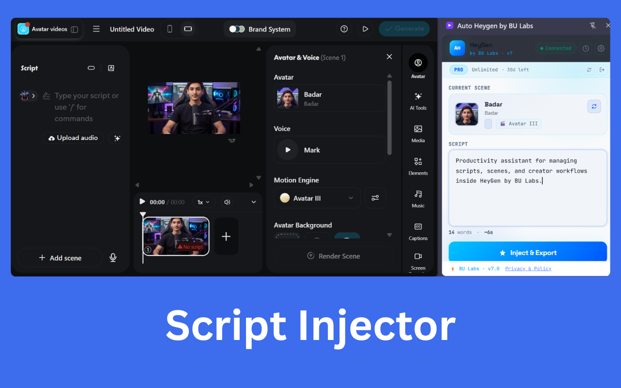 Auto Heygen Chrome Extension — Script Injector panel showing Avatar and Voice selection inside Heygen